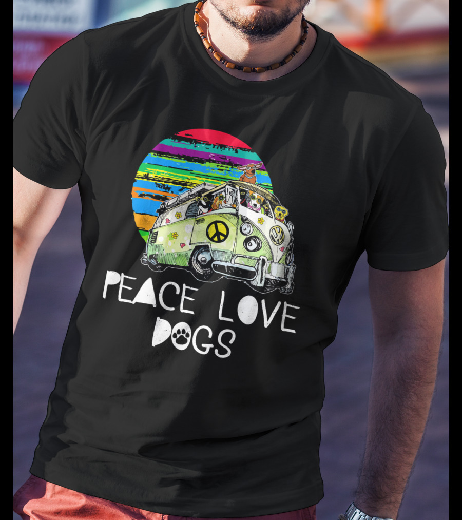 Peace Love Dogs Hippie Van Dog Lovers Vintage Peace Sign Retro Circle T-Shirt