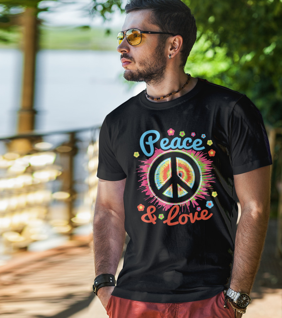 Peace And Love Tie-Dye Peace Sign With Colorful Flowers T-Shirt