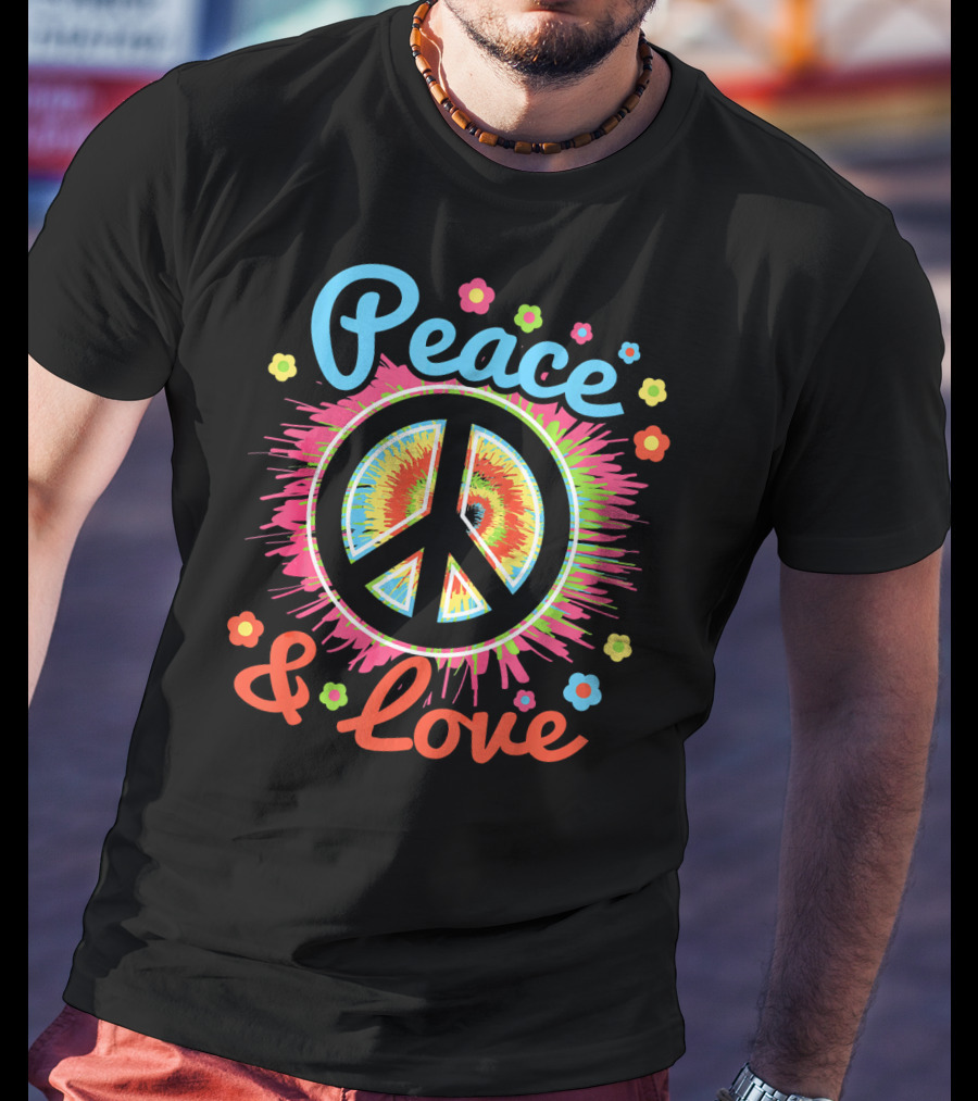 Peace And Love Tie-Dye Peace Sign With Colorful Flowers T-Shirt