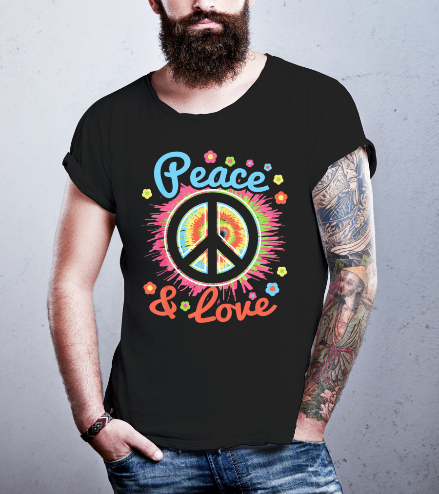 Peace And Love Tie-Dye Peace Sign With Colorful Flowers T-Shirt