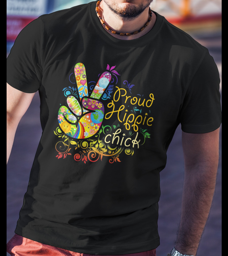 Proud Hippie Chick Peace Sign With Colorful Floral T-Shirt