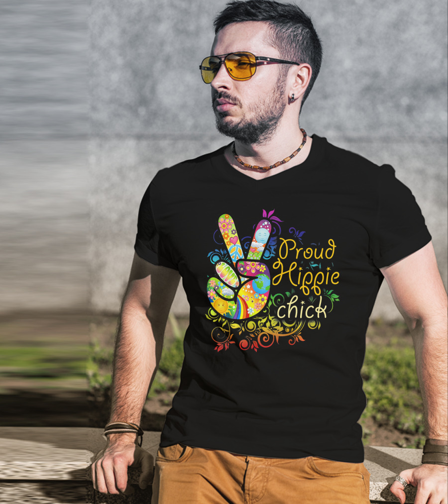 Proud Hippie Chick Peace Sign With Colorful Floral T-Shirt