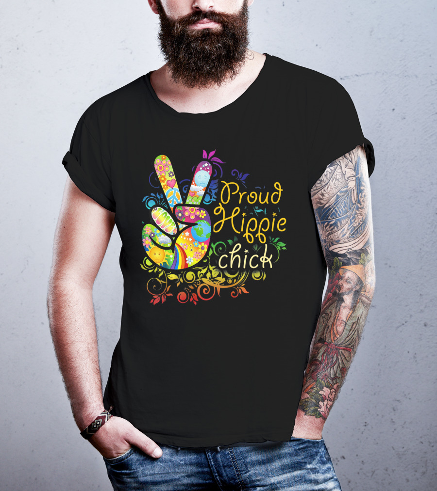 Proud Hippie Chick Peace Sign With Colorful Floral T-Shirt