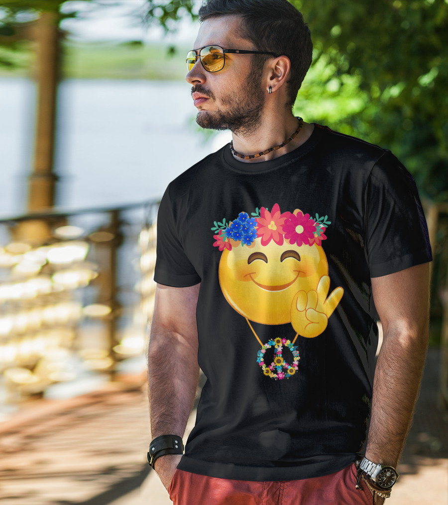 Hippie Flower Power Crown Smiley Peace Sign Necklace T-Shirt