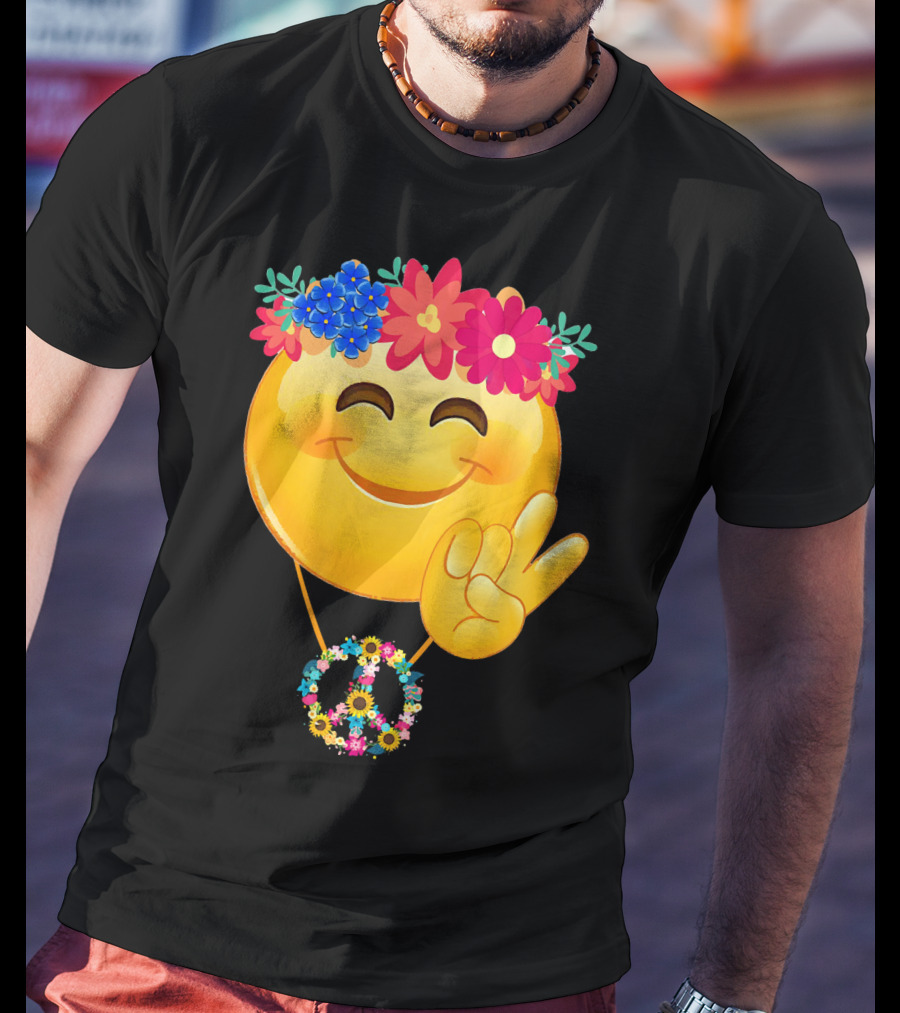 Hippie Flower Power Crown Smiley Peace Sign Necklace T-Shirt