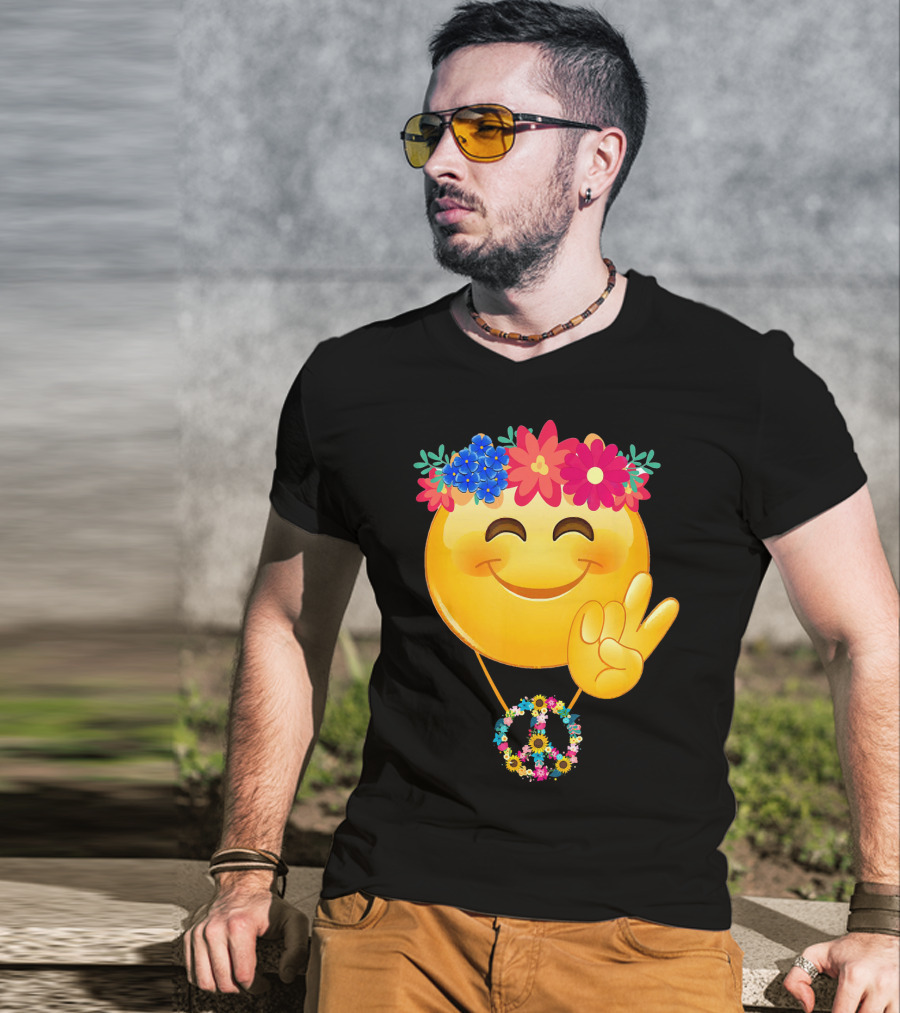 Hippie Flower Power Crown Smiley Peace Sign Necklace T-Shirt