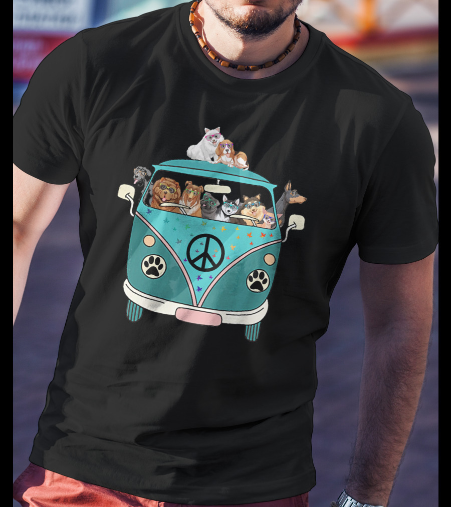 Dogs Riding A Peace Sign Paw Print Bus T-Shirt