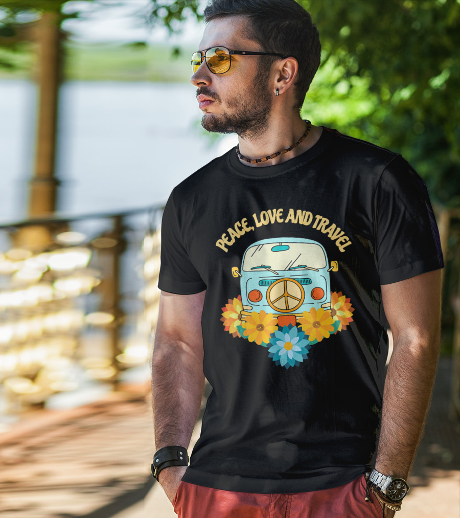 Peace Love And Travel Retro Hippie Van With Flowers T-Shirt