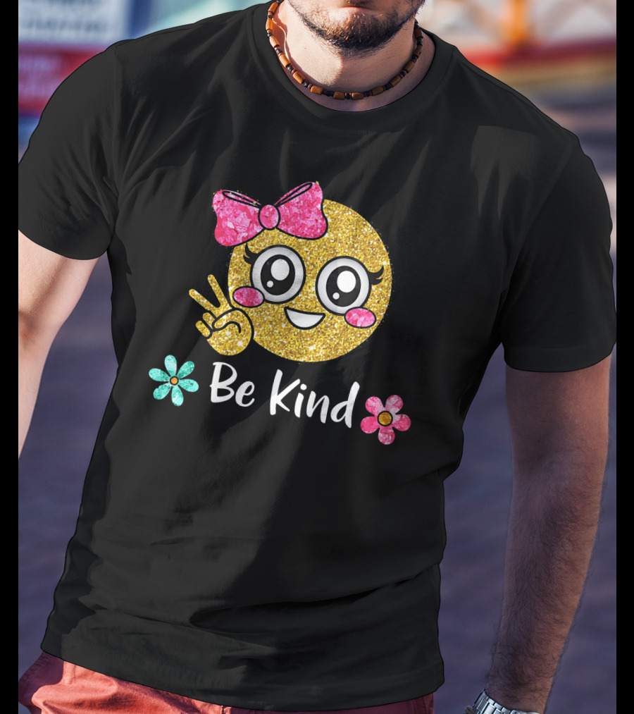 Be Kind Glitter Emoji Kawaii With Pink Bow And Flowers T-Shirt