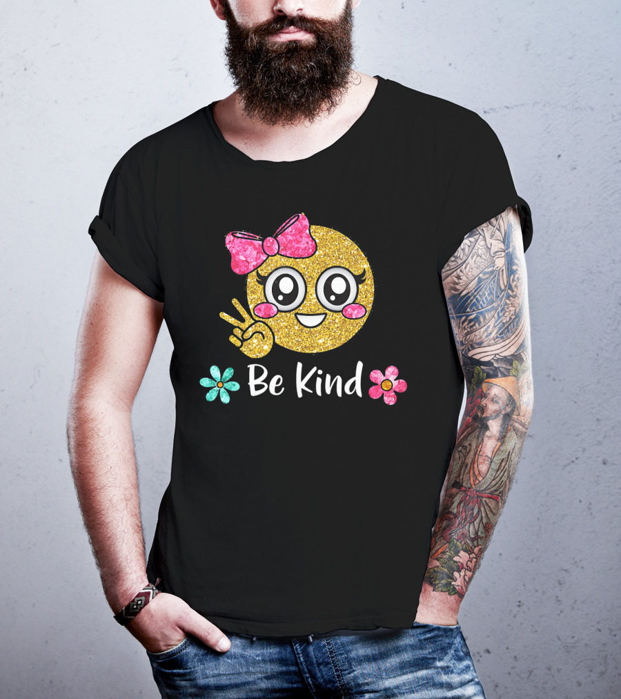Be Kind Glitter Emoji Kawaii With Pink Bow And Flowers T-Shirt