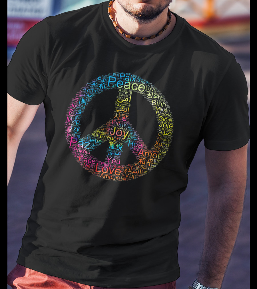 Peace Love Joy Multilingual Peace Symbol Text T-Shirt