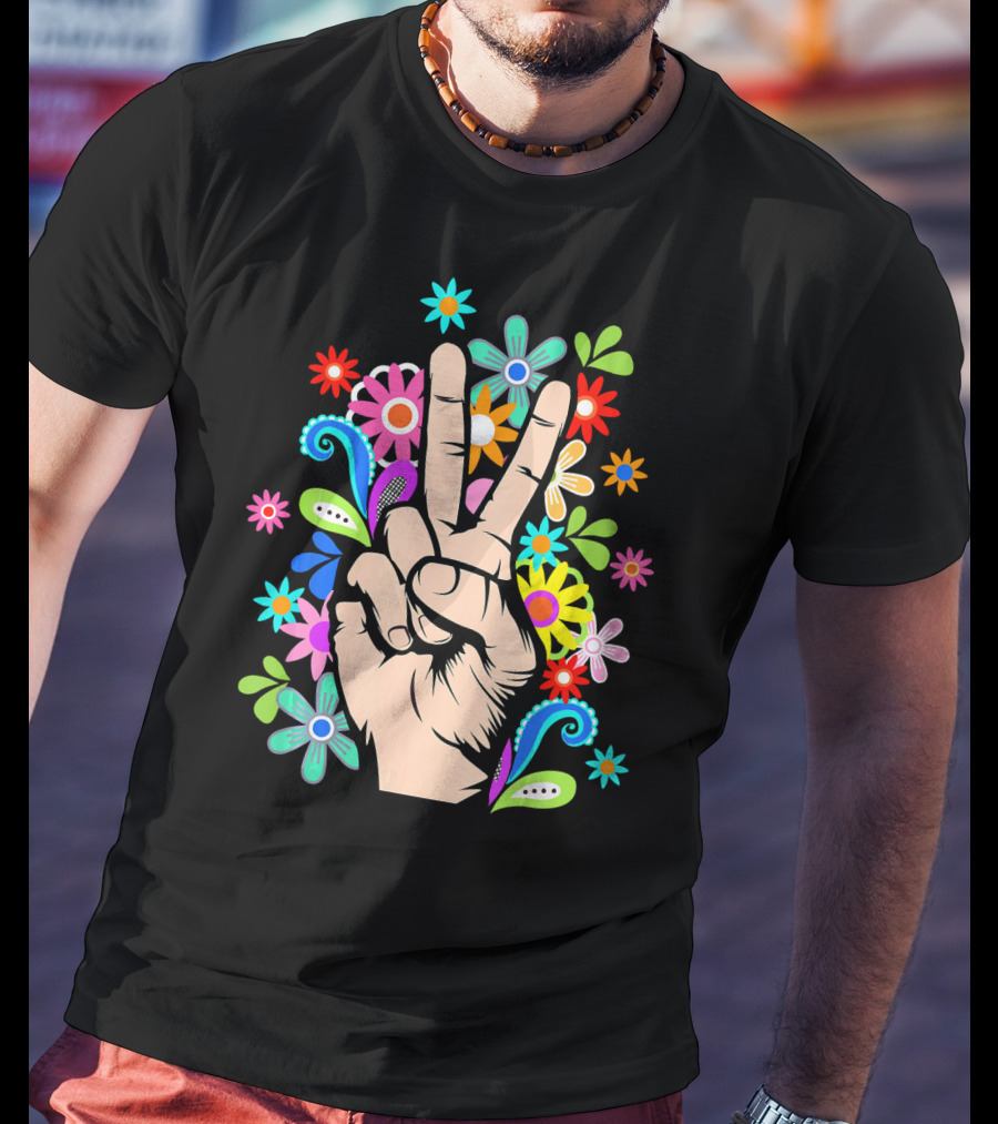 Hippie Cool Hand Peace Sign Surrounded By Colorful Flowers T-Shirt