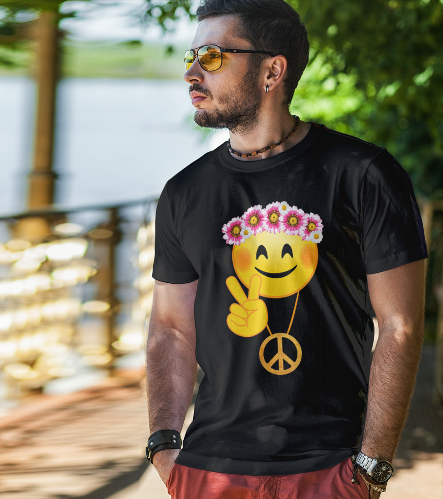 Peace Sign Smiley Face Flower Crown Hippie Necklace T-Shirt