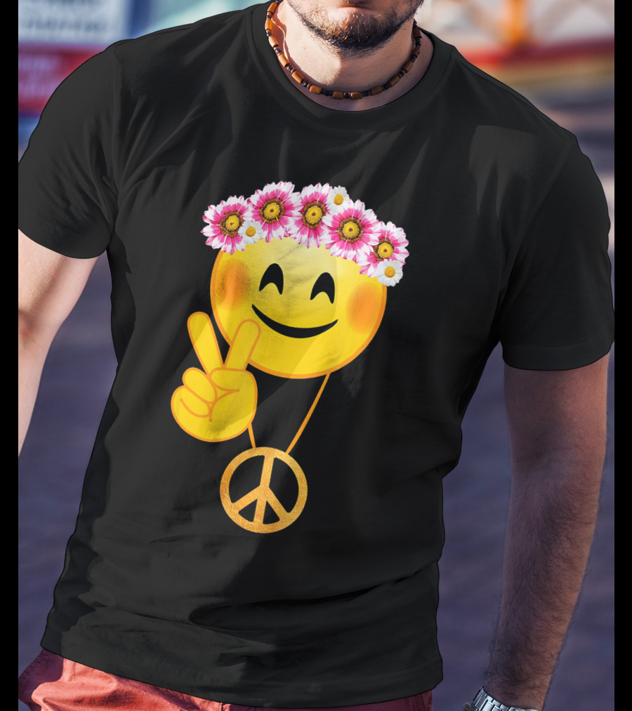 Peace Sign Smiley Face Flower Crown Hippie Necklace T-Shirt