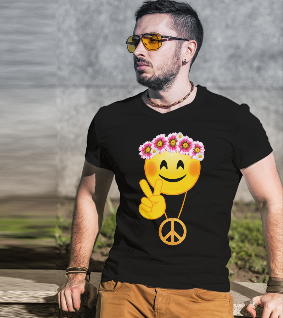 Peace Sign Smiley Face Flower Crown Hippie Necklace T-Shirt