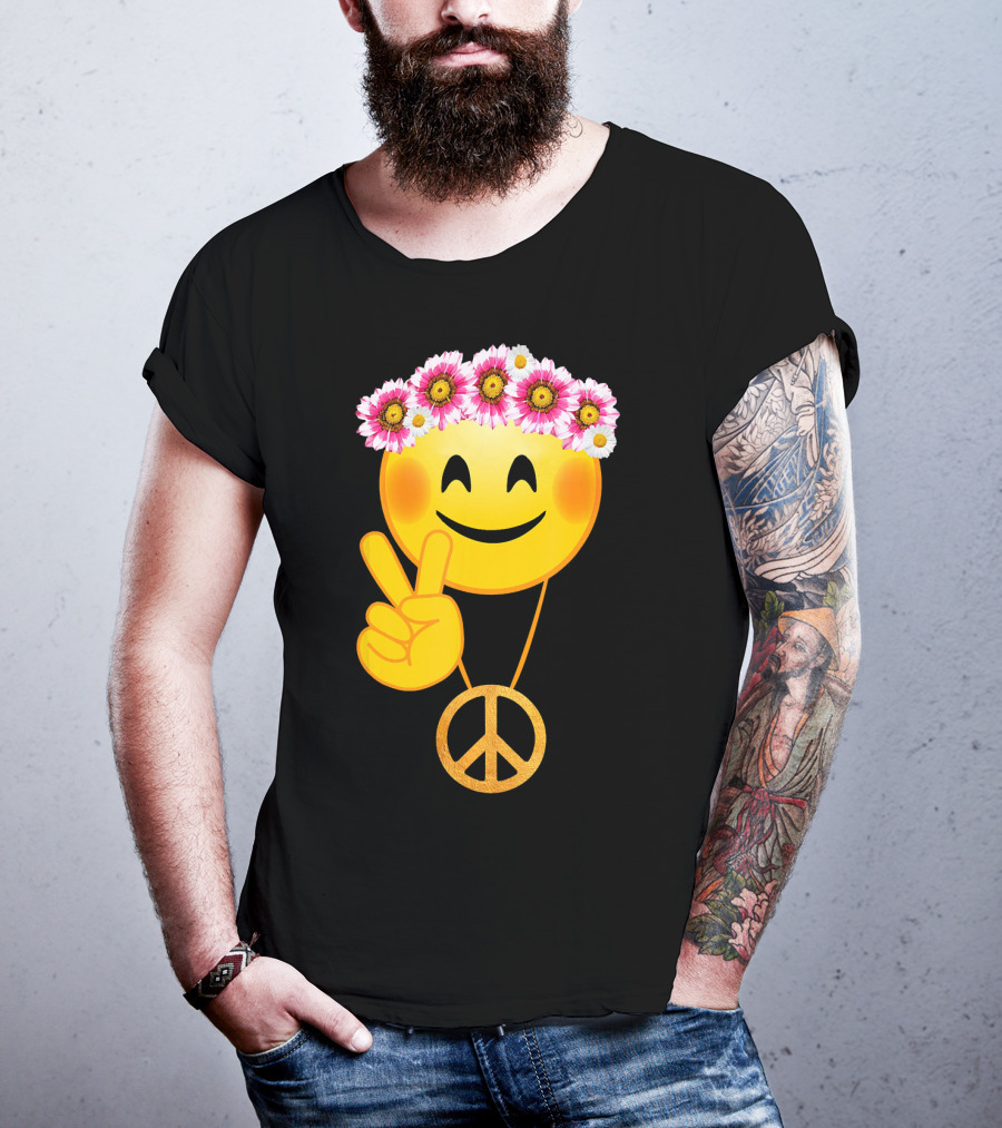 Peace Sign Smiley Face Flower Crown Hippie Necklace T-Shirt