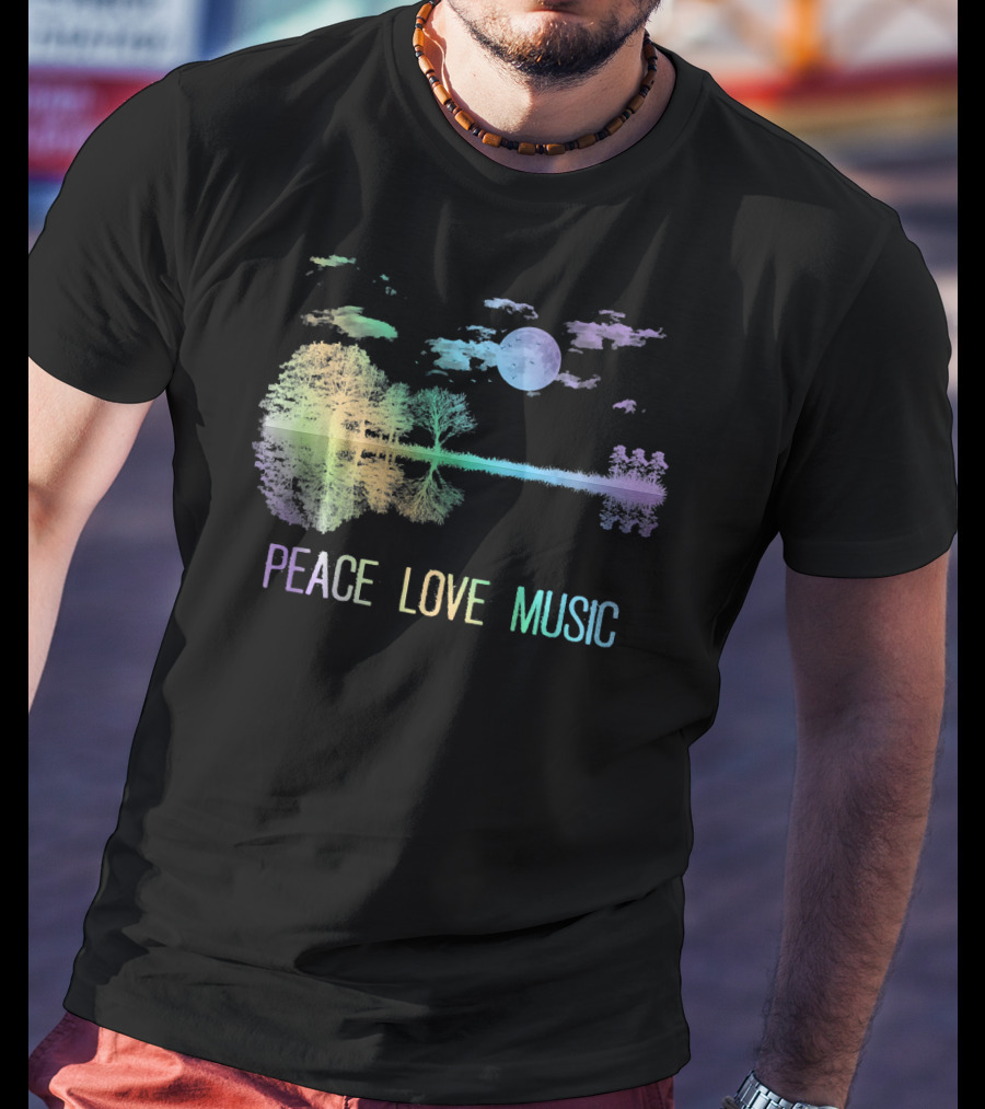 Peace Love Music Guitar Moon Lake Shadow Hippie T-Shirt