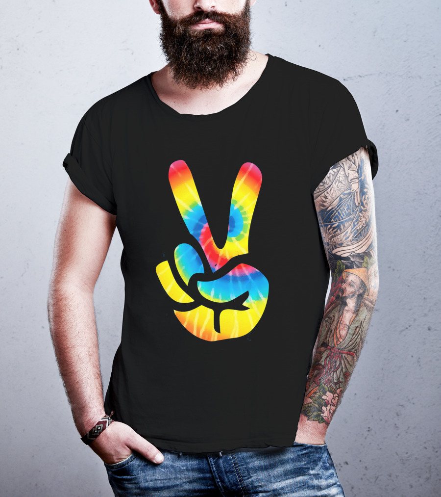 Tie Dye Peace Sign Hand V Symbol Rainbow Psychedelic T-Shirt