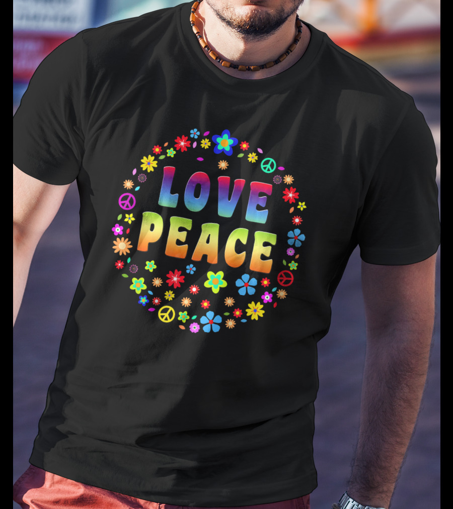 Love Peace 70s Hippie Cost Flowers Peace Signs T-Shirt