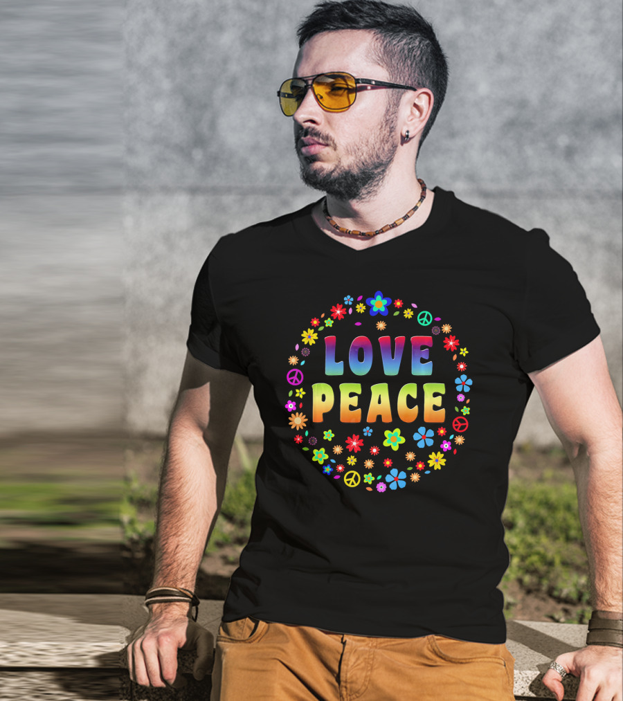 Love Peace 70s Hippie Cost Flowers Peace Signs T-Shirt
