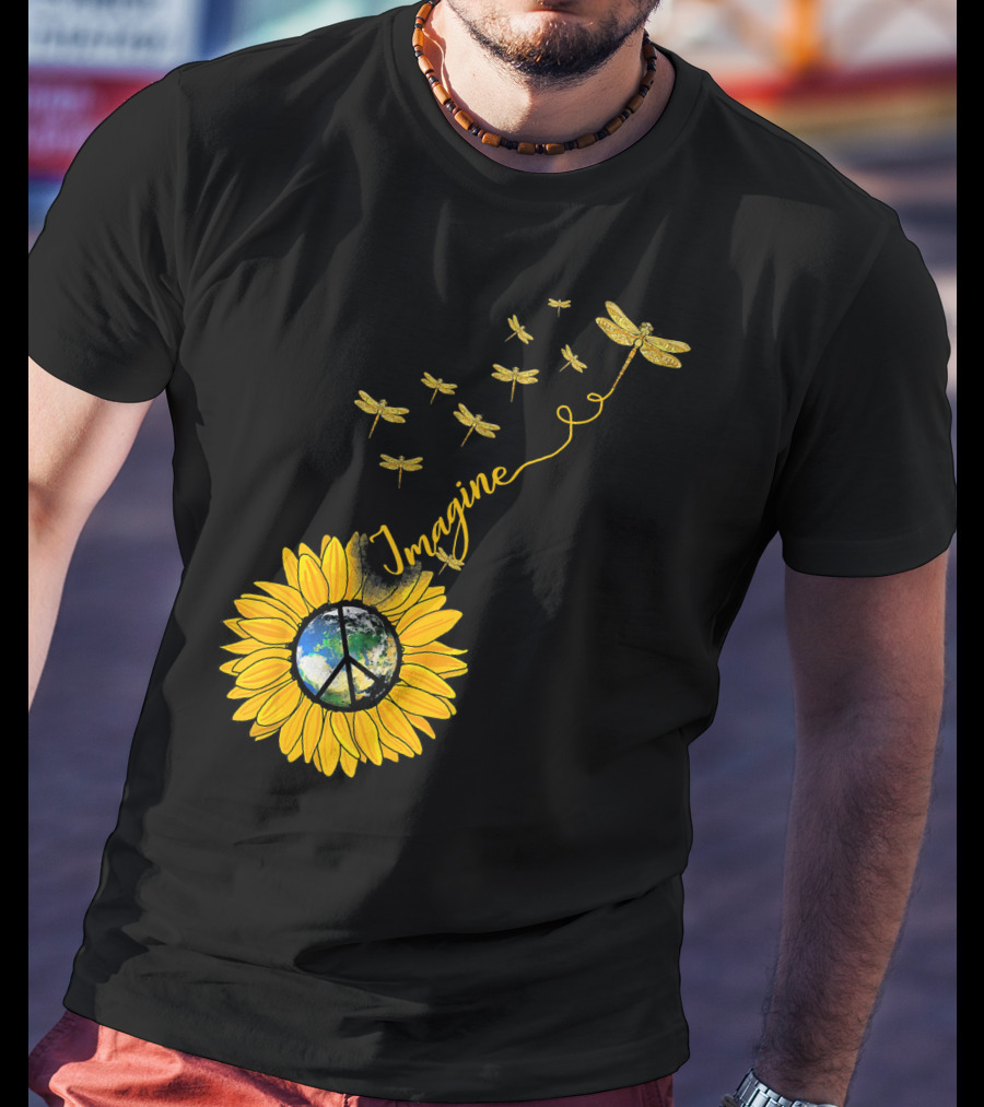 Imagine Peace Earth Sunflower Dragonflies T-Shirt