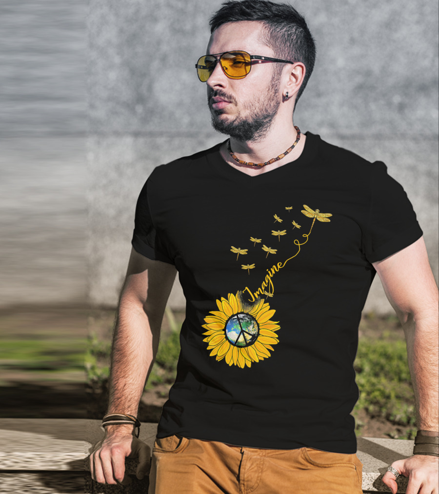 Imagine Peace Earth Sunflower Dragonflies T-Shirt