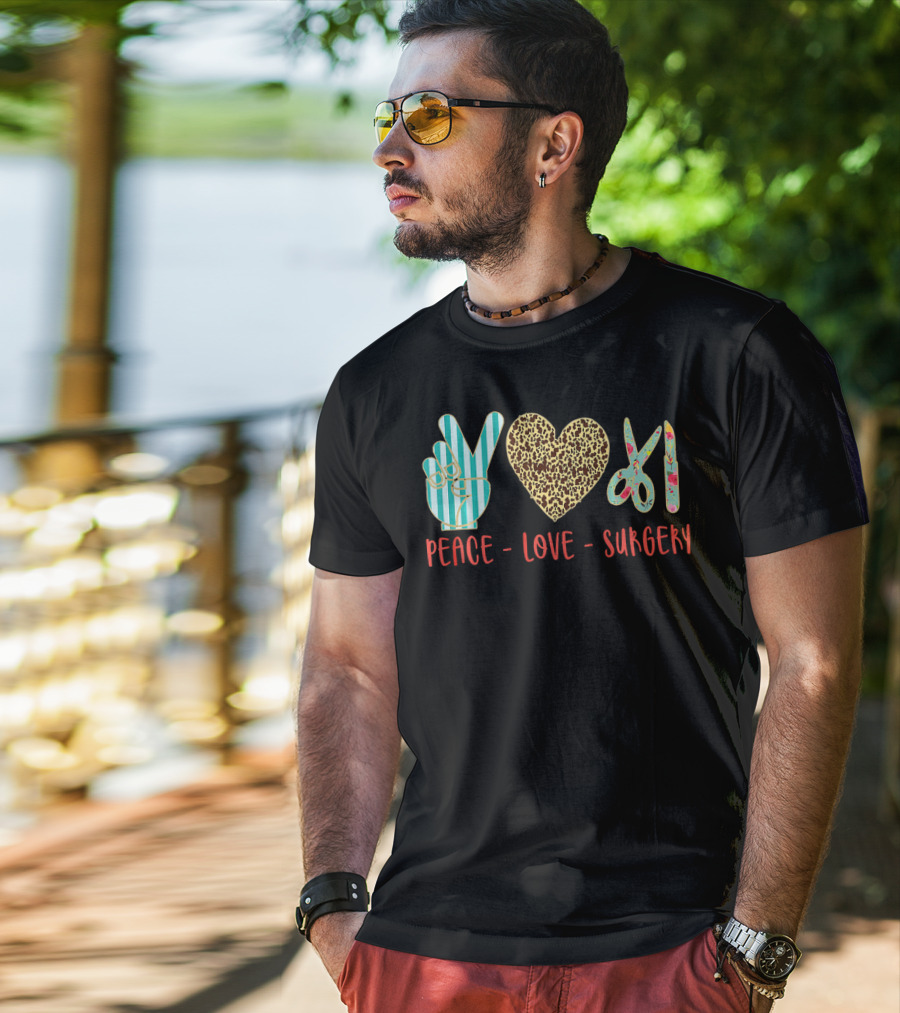 Peace Love Surgery Hand Gesture Heart Scissors T-Shirt