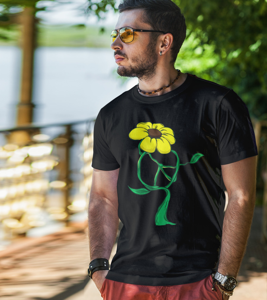 Hippie Yellow Flower Peace Sign Stem Green Leaves T-Shirt