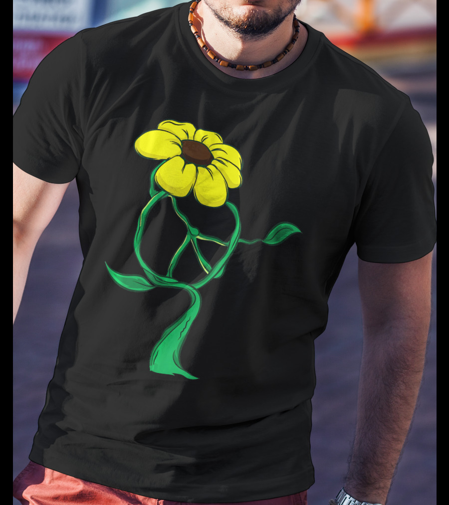 Hippie Yellow Flower Peace Sign Stem Green Leaves T-Shirt