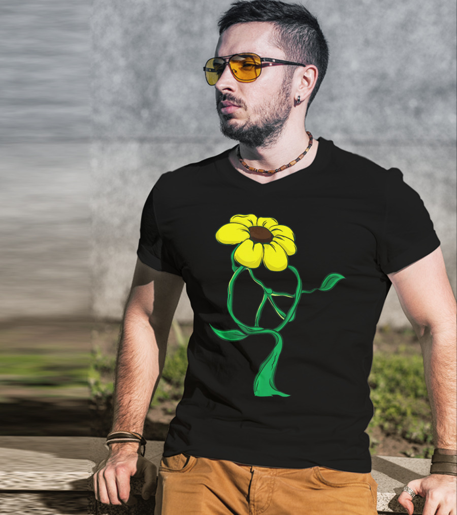 Hippie Yellow Flower Peace Sign Stem Green Leaves T-Shirt