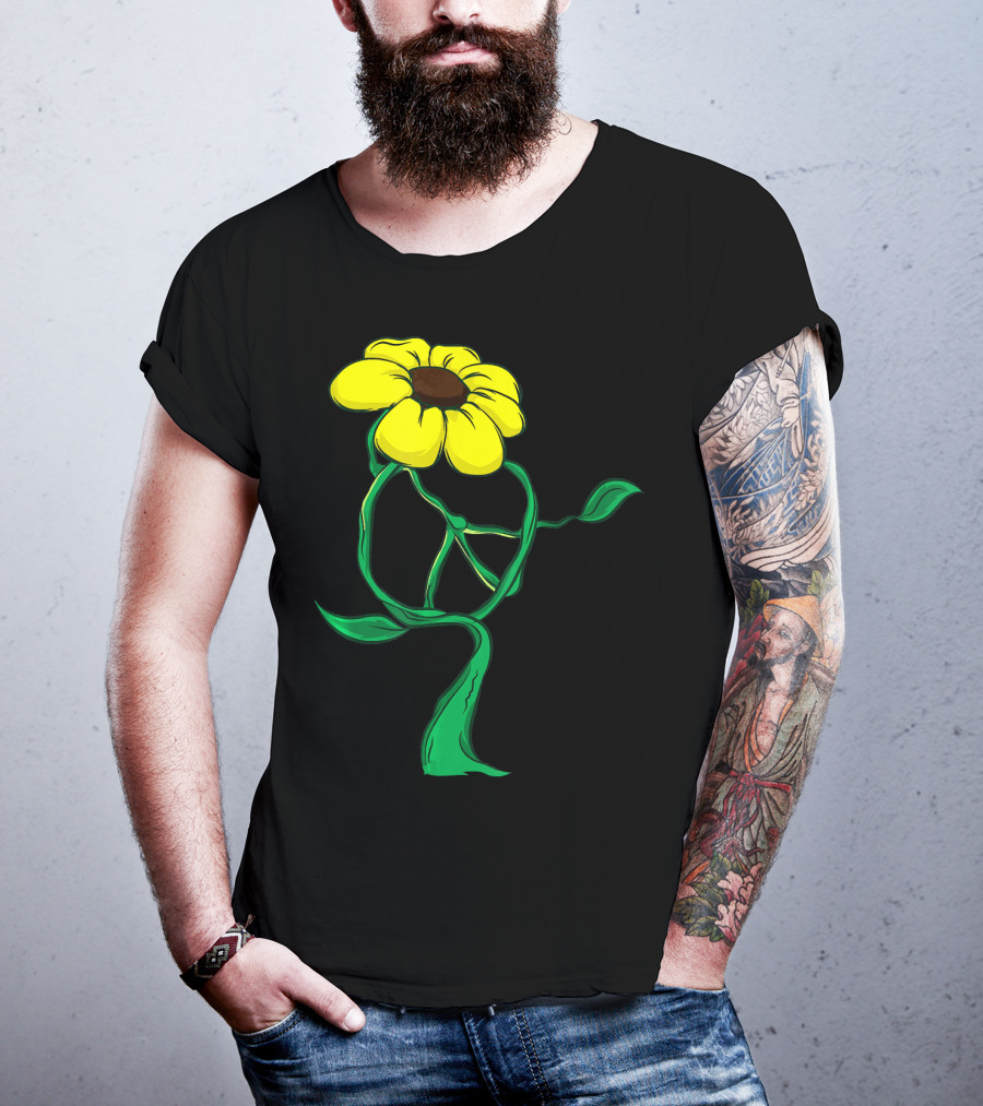 Hippie Yellow Flower Peace Sign Stem Green Leaves T-Shirt