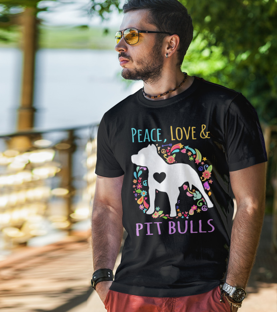 Peace Love And Pit Bulls Colorful Floral Heart Dog T-Shirt
