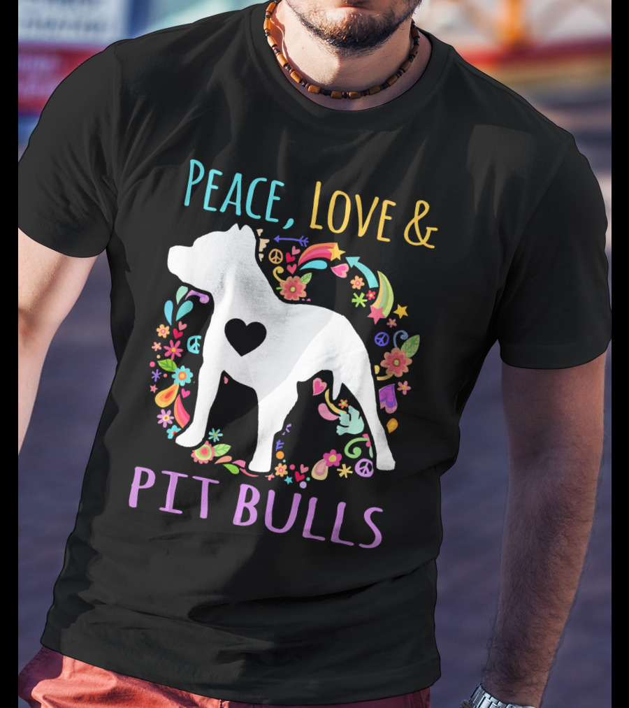 Peace Love And Pit Bulls Colorful Floral Heart Dog T-Shirt