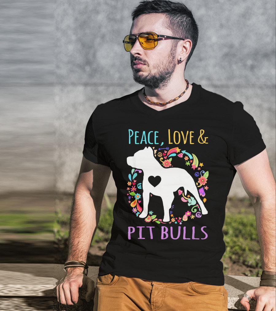Peace Love And Pit Bulls Colorful Floral Heart Dog T-Shirt