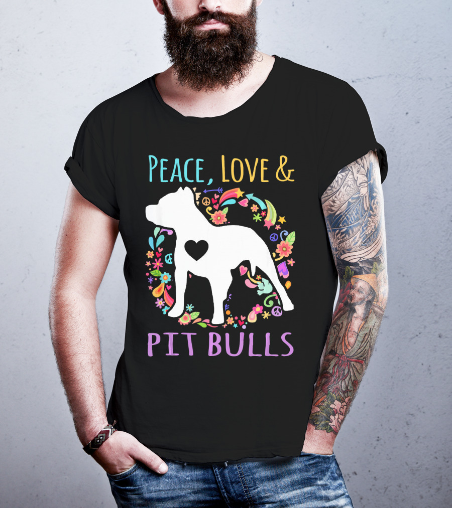 Peace Love And Pit Bulls Colorful Floral Heart Dog T-Shirt