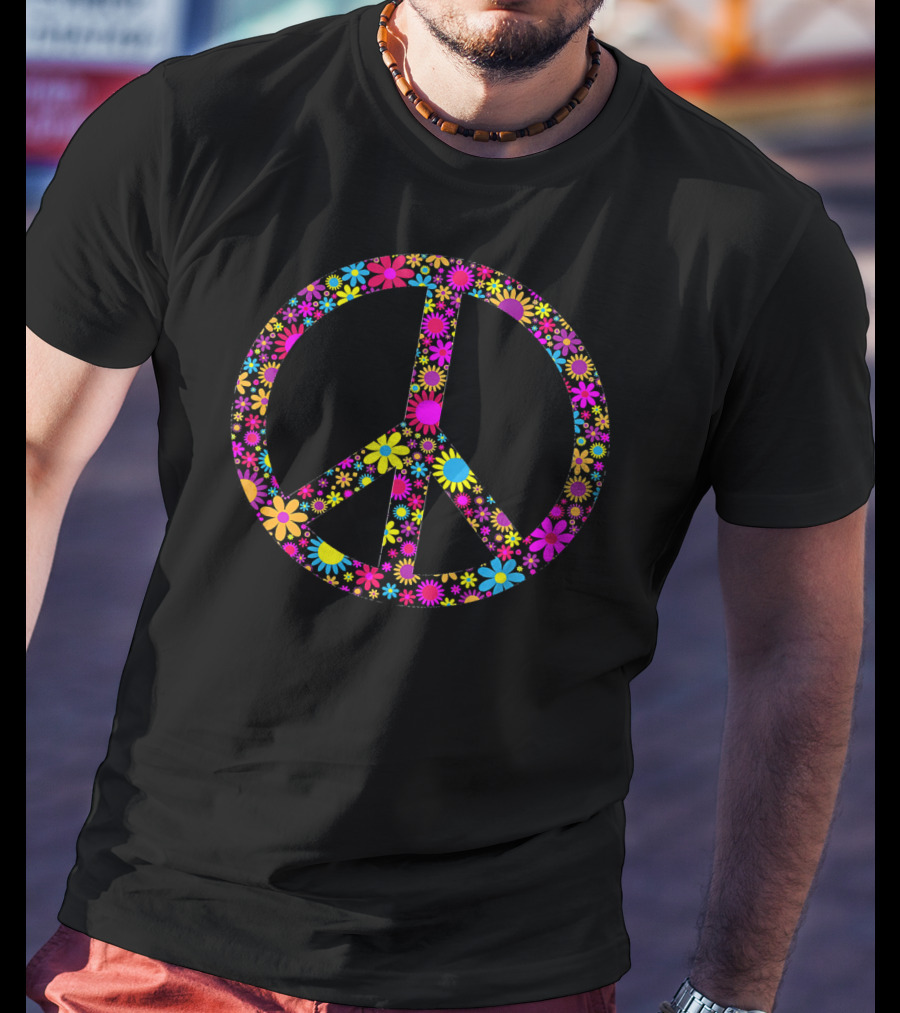 Vintage Floral Peace Sign Colorful Hippie Flowers T-Shirt
