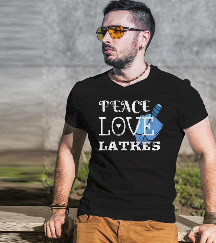 Peace Love Latkes Blue Dreidel T-Shirt