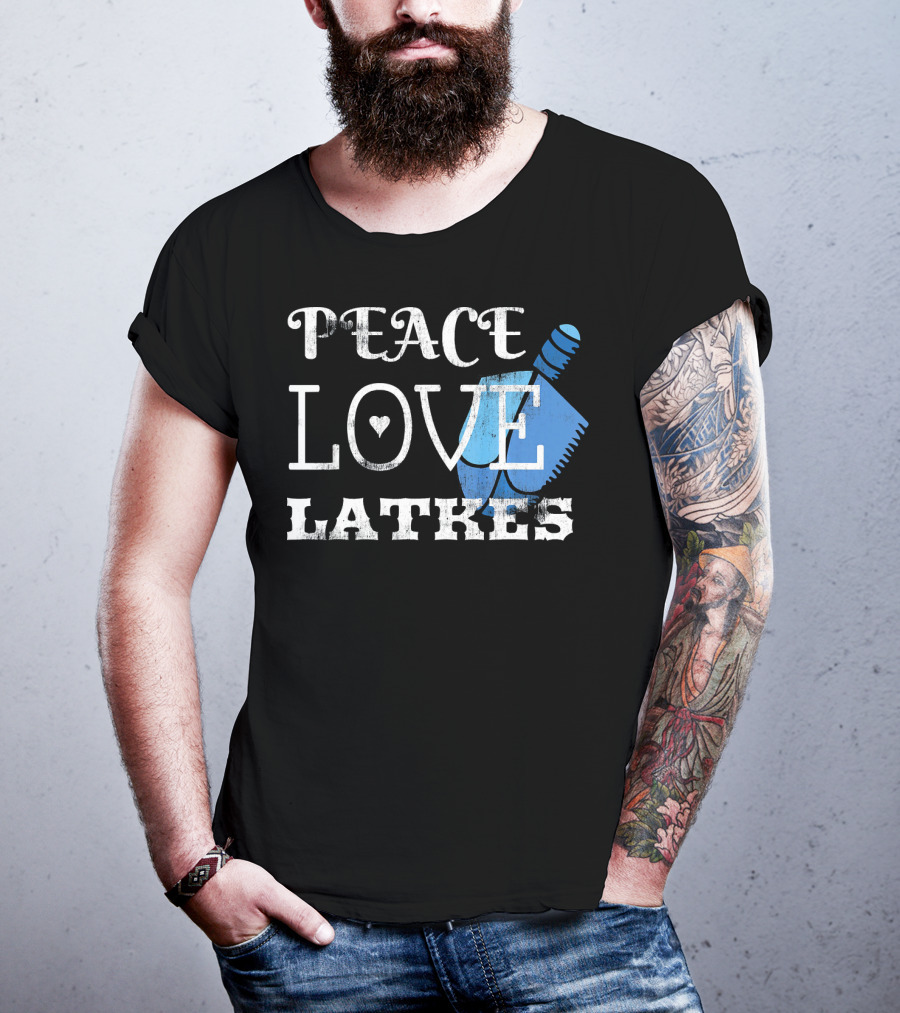 Peace Love Latkes Blue Dreidel T-Shirt