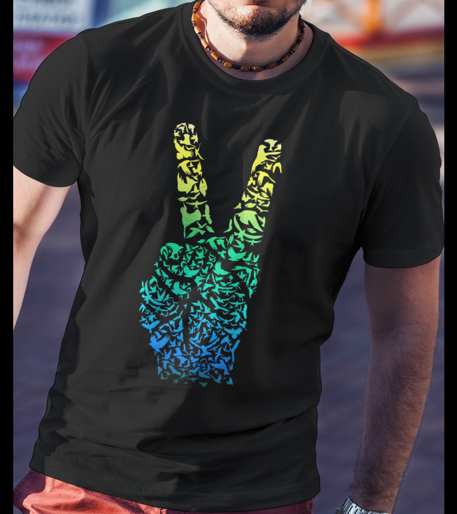 Colorful Birds Peace Hand Sign ASL Finger La T-Shirt