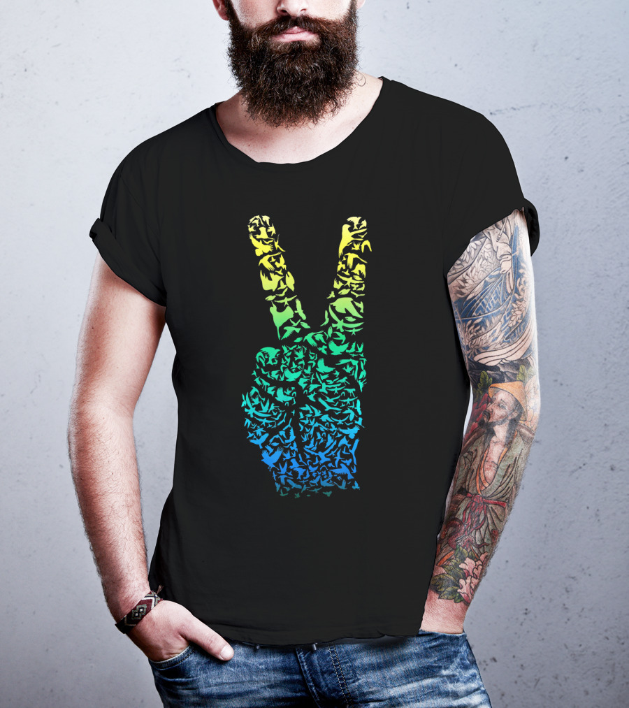 Colorful Birds Peace Hand Sign ASL Finger La T-Shirt