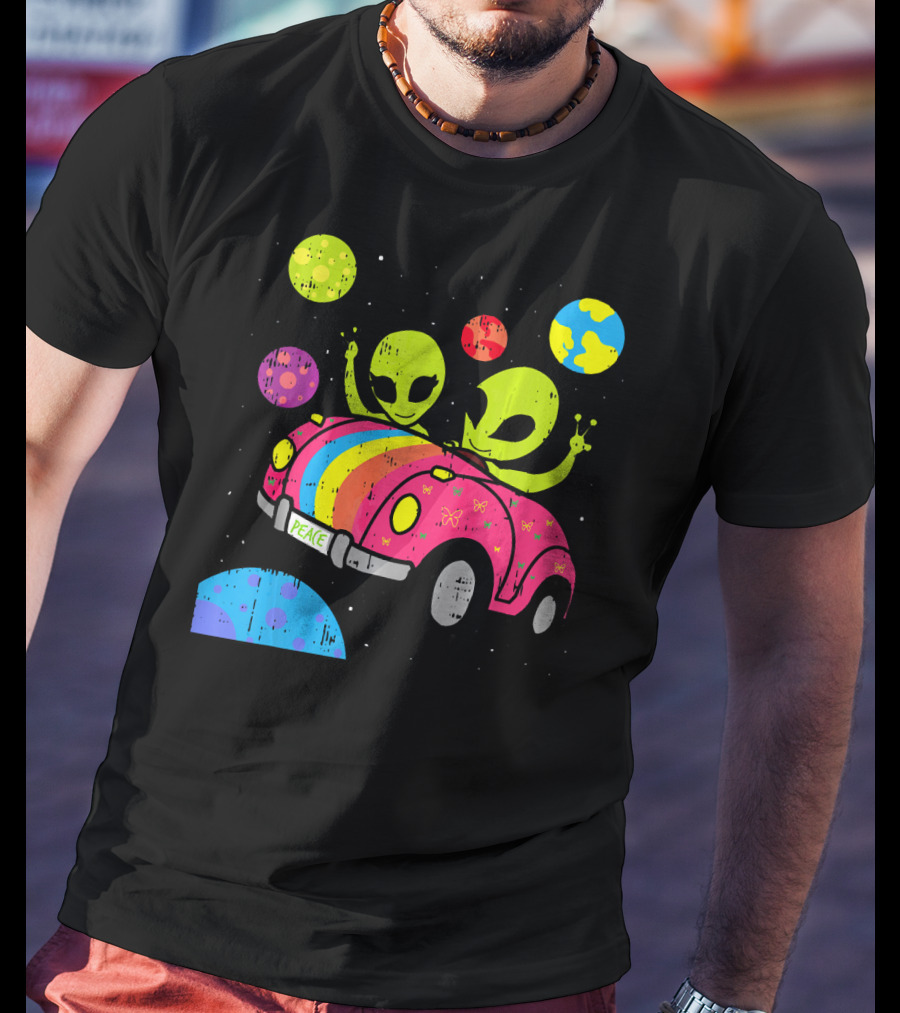 Hippie Alien Space Roadtrip With Peaceful Car And Colorful Planets T-Shirt