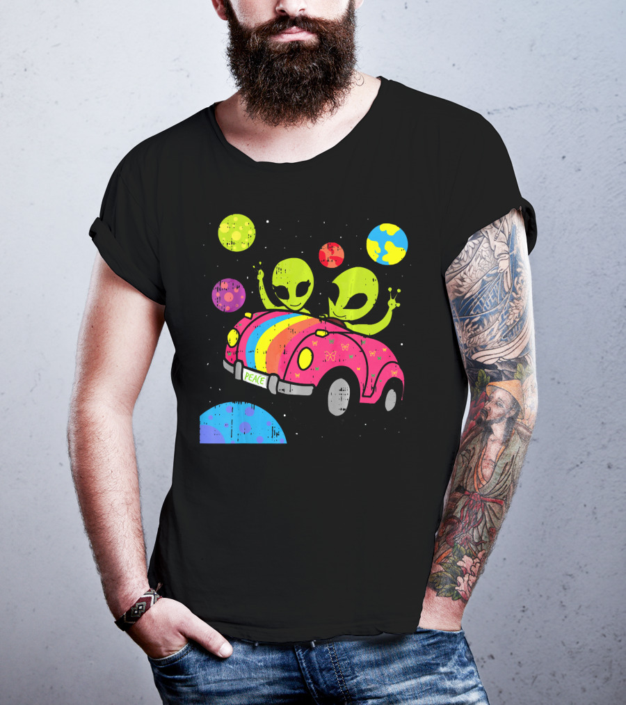 Hippie Alien Space Roadtrip With Peaceful Car And Colorful Planets T-Shirt
