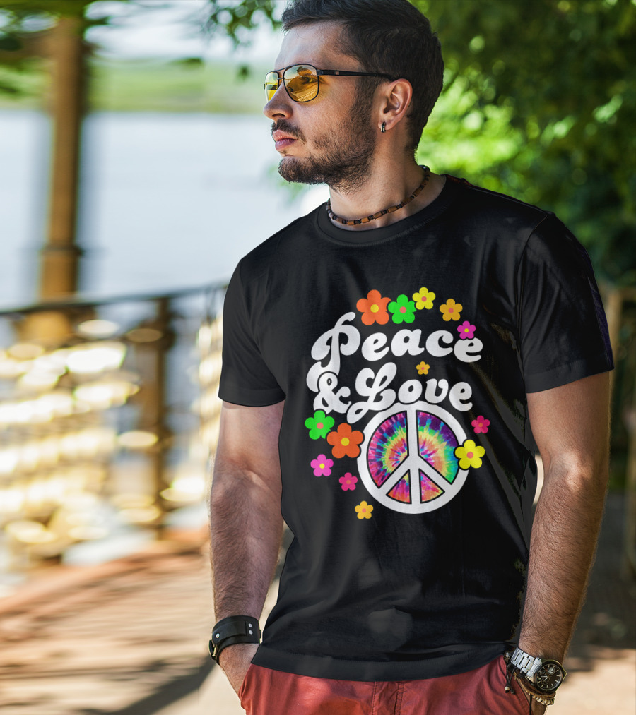 Peace Love Tie Dye Peace Sign With Colorful Flowers T-Shirt
