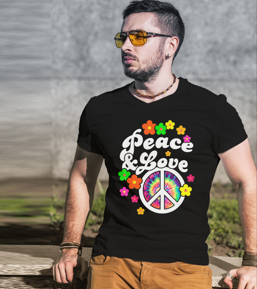 Peace Love Tie Dye Peace Sign With Colorful Flowers T-Shirt