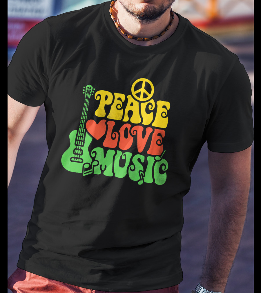 PEACE LOVE MUSIC Reggae Guitar Peace Symbol Heart Notes T-Shirt