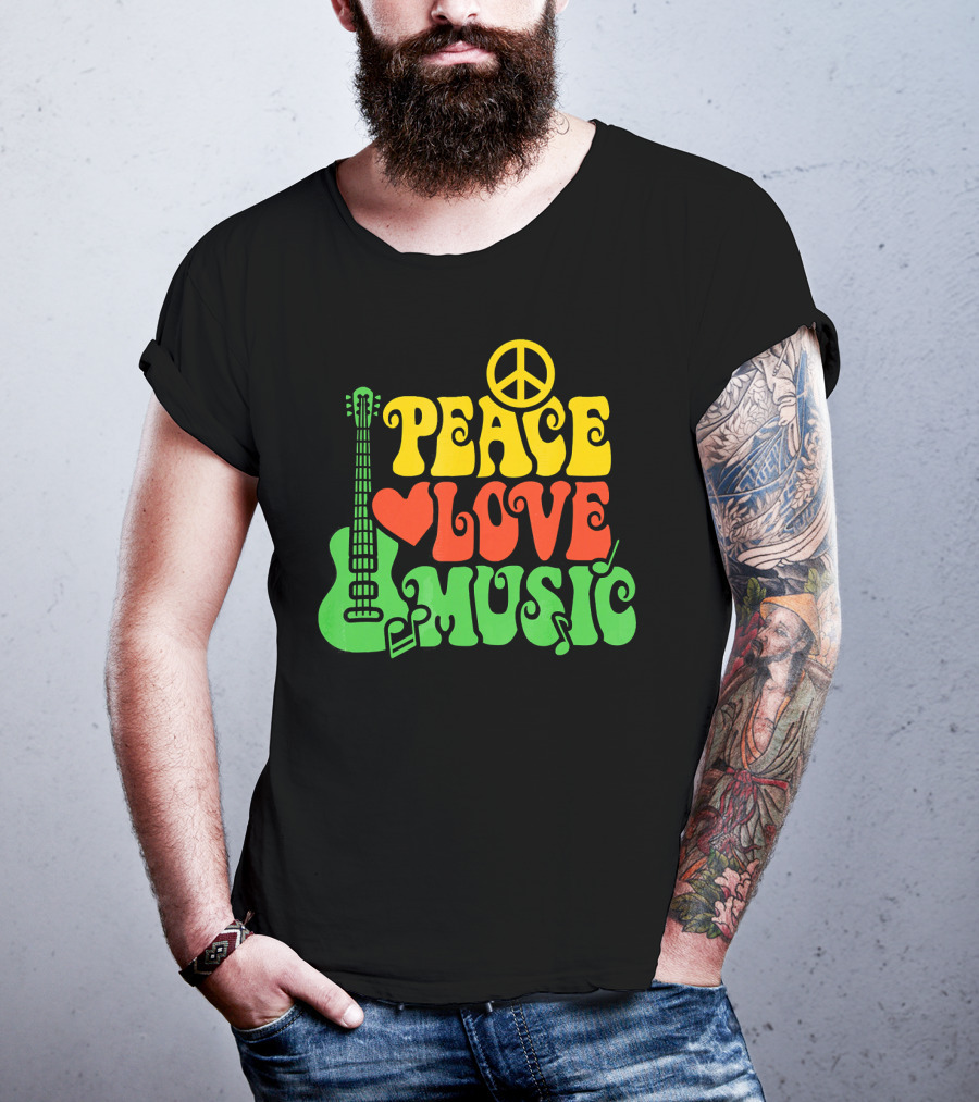 PEACE LOVE MUSIC Reggae Guitar Peace Symbol Heart Notes T-Shirt