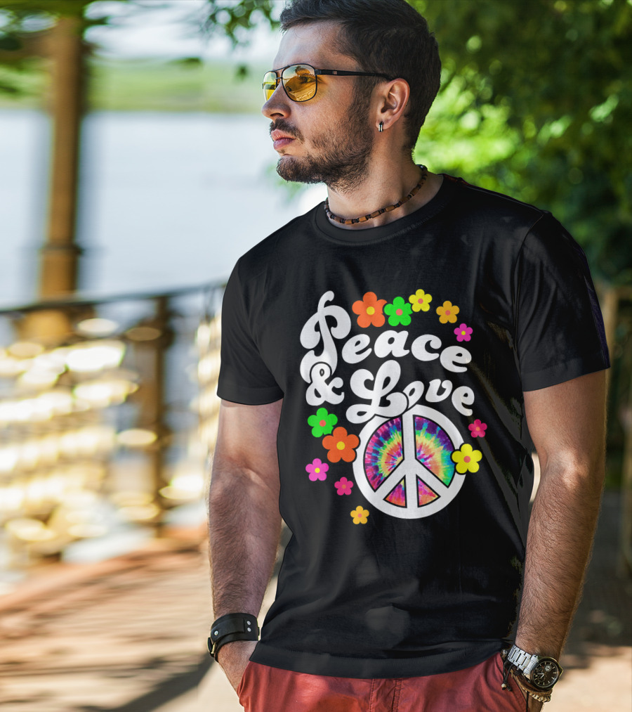 Peace And Love Hippie Sign With Colorful Flower T-Shirt