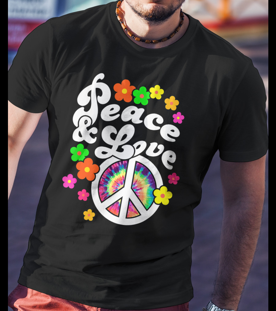 Peace And Love Hippie Sign With Colorful Flower T-Shirt