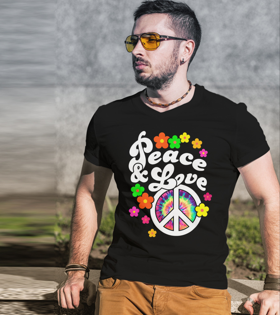 Peace And Love Hippie Sign With Colorful Flower T-Shirt