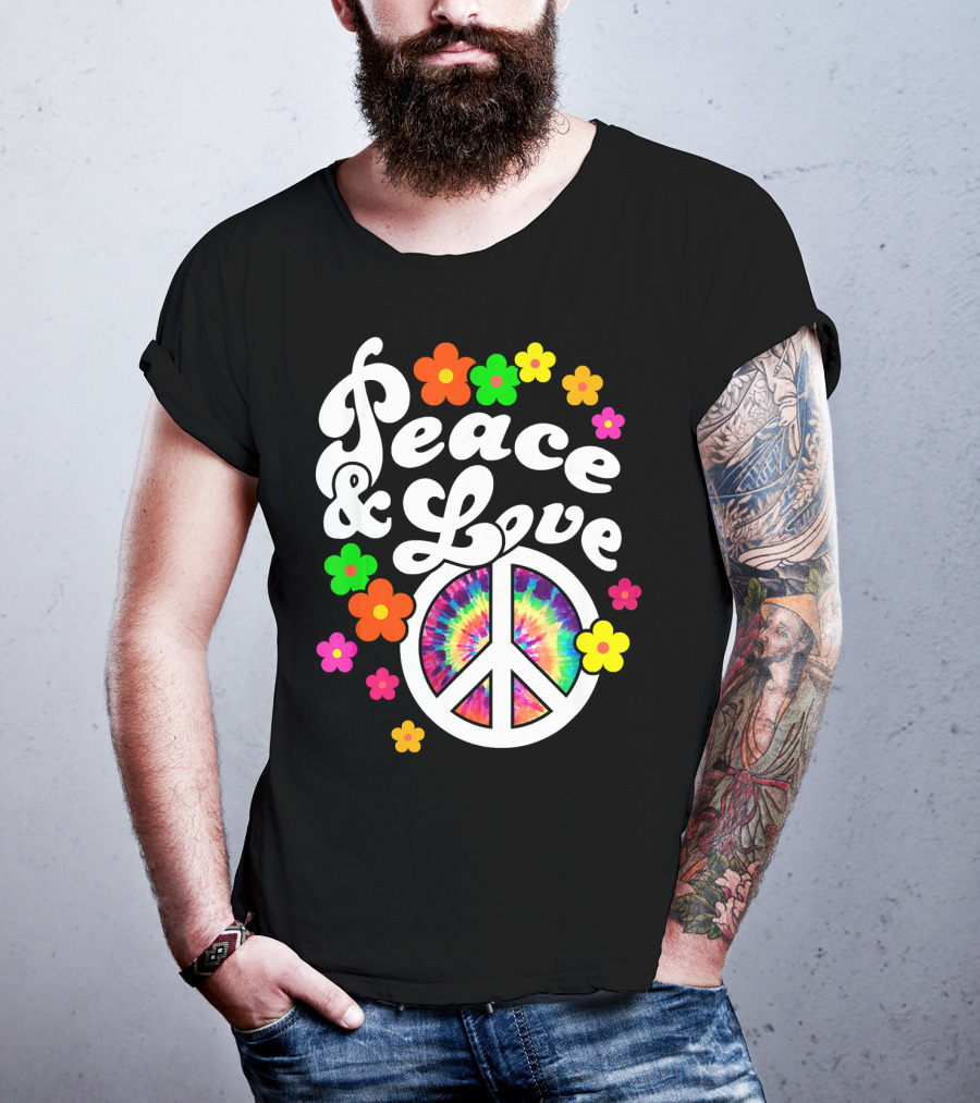 Peace And Love Hippie Sign With Colorful Flower T-Shirt